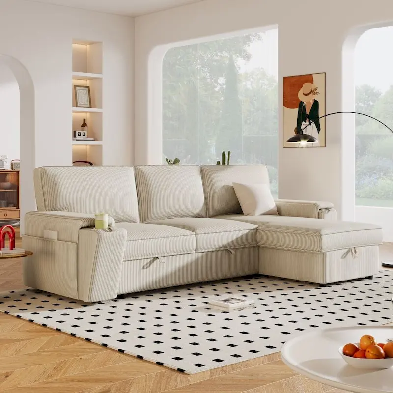 Upholstery Sleeper Sectional Sofa with Storage Bags and 2 Cup Holders on Arms