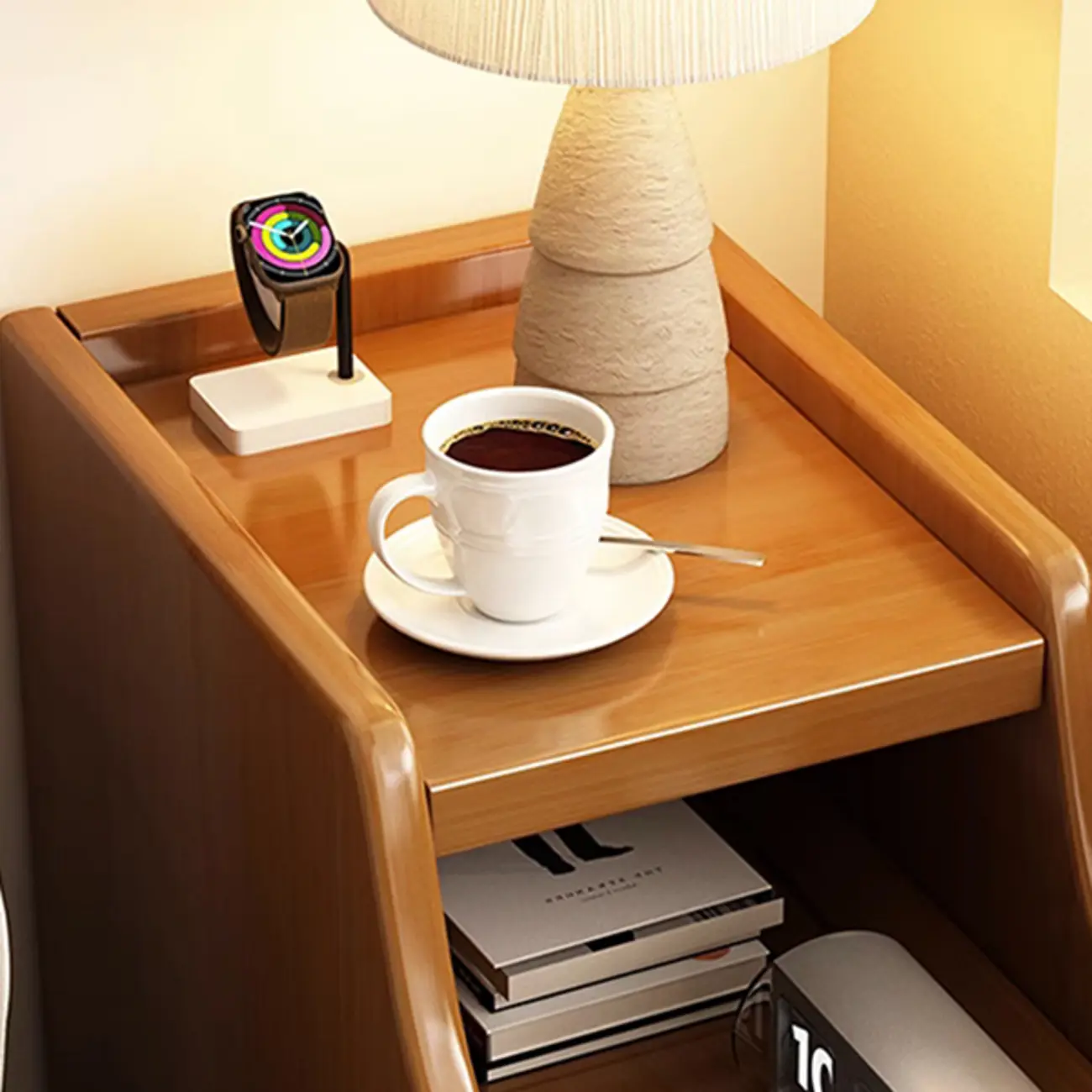 Narrow Small Walnut Wood Nightstand with Shelves