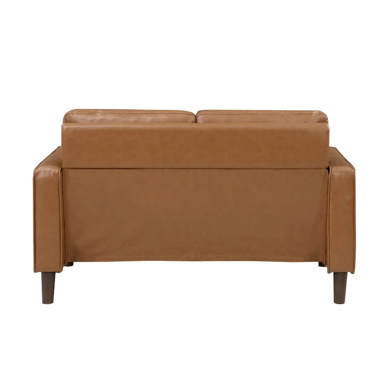 Stark 54 Inch Loveseat, Brown Faux Leather, Track Style Arms, Solid Wood