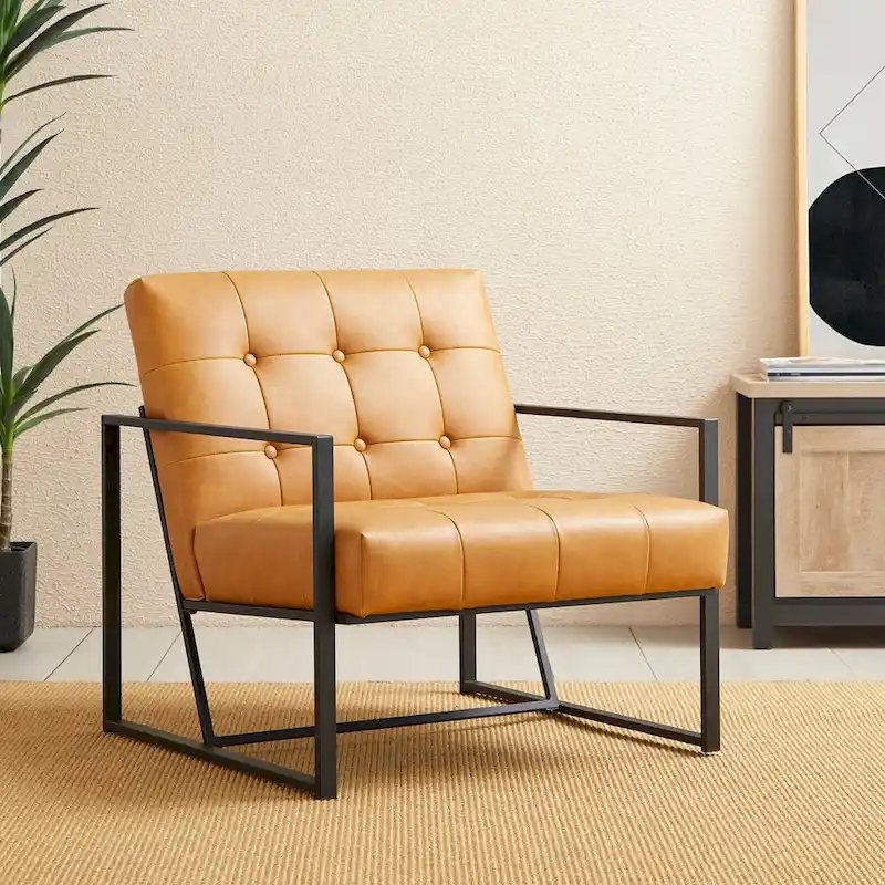 Glitzhome 29.50W Mid-Century PU Leather Tufted Accent Chair - 29.5W x 30.5H x 29.25D