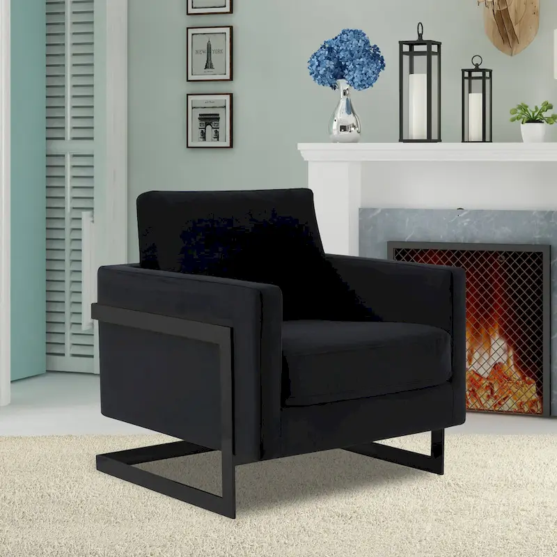 LeisureMod Lincoln Modern Velvet Arm Chair with Black Steel Frame - 35