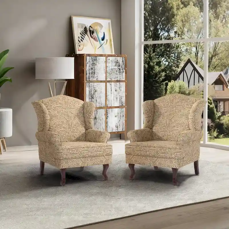 2 Set Traditional Wingback Accent Chairs Upholstered Armchair
