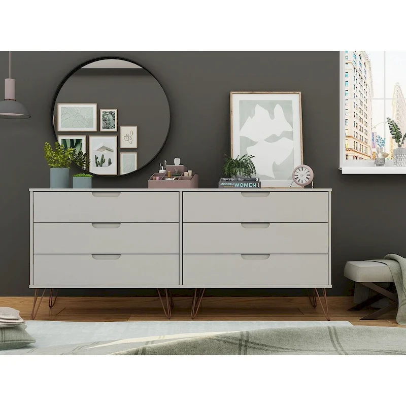 6-Drawer Double Low Dresser with Metal Legs