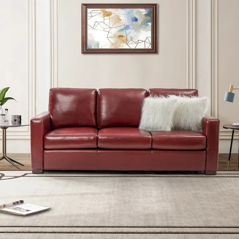 Ernando 83.46 Wide Genuine Leather Sofa with Squared Arms and Pillows