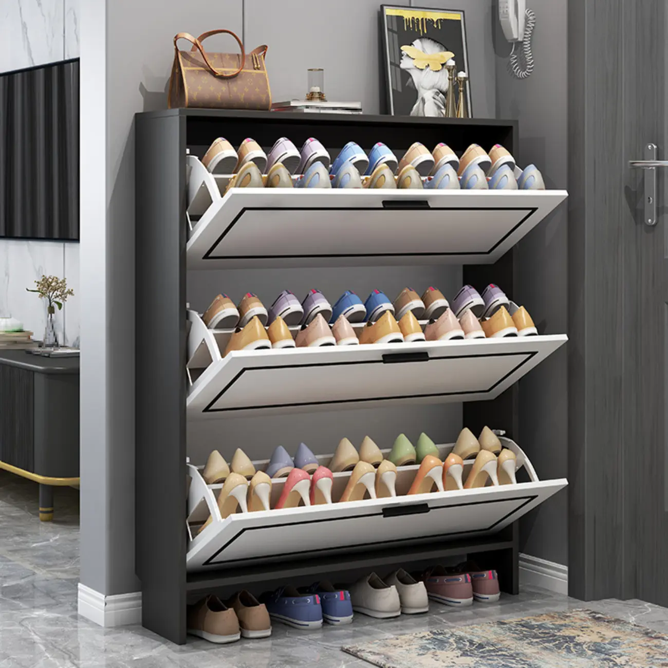 3-Tier Black Drop-Front Entryway Shoe Storage Cabinet