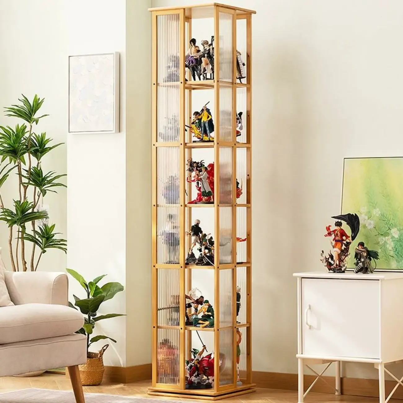 Modern Black Bamboo Tall Narrow Glass Open Display Cabinet