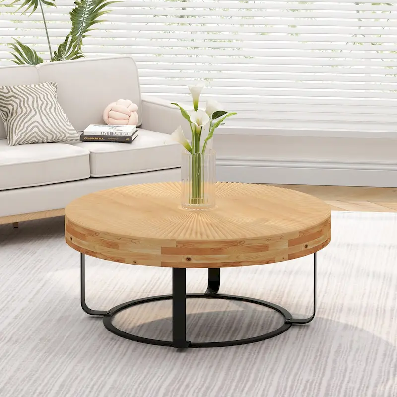 Modern Round Coffee Table Wooden Carving Pattern Coffee Table with Metal Legs for Living Room Reception Room Office ,Black