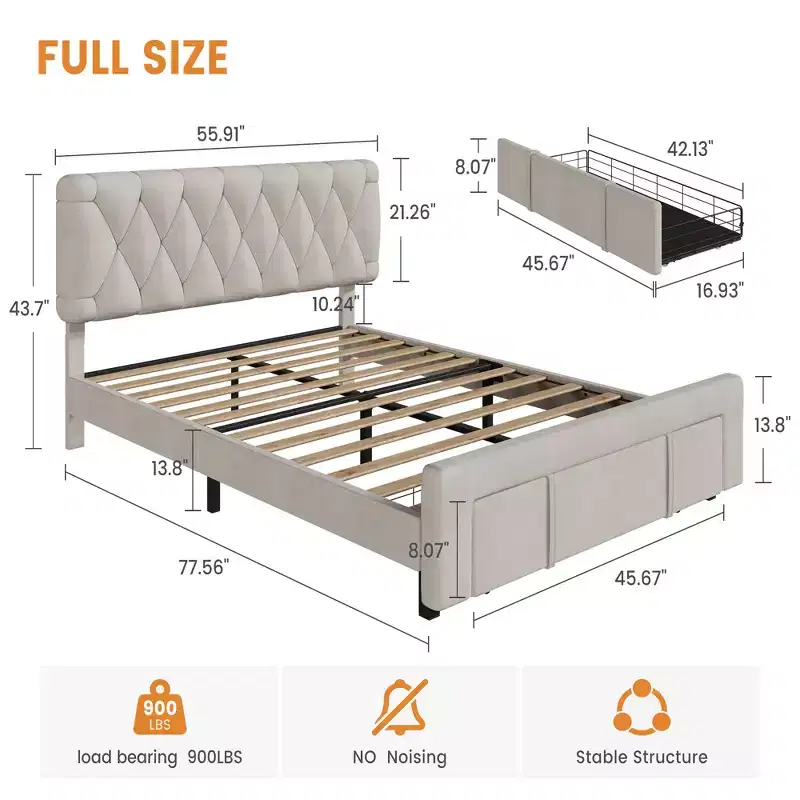 Upholstered Bed Frame with Tufted Headboard & Storage Drawers – Beige/Gray, Full/King, 2-Person