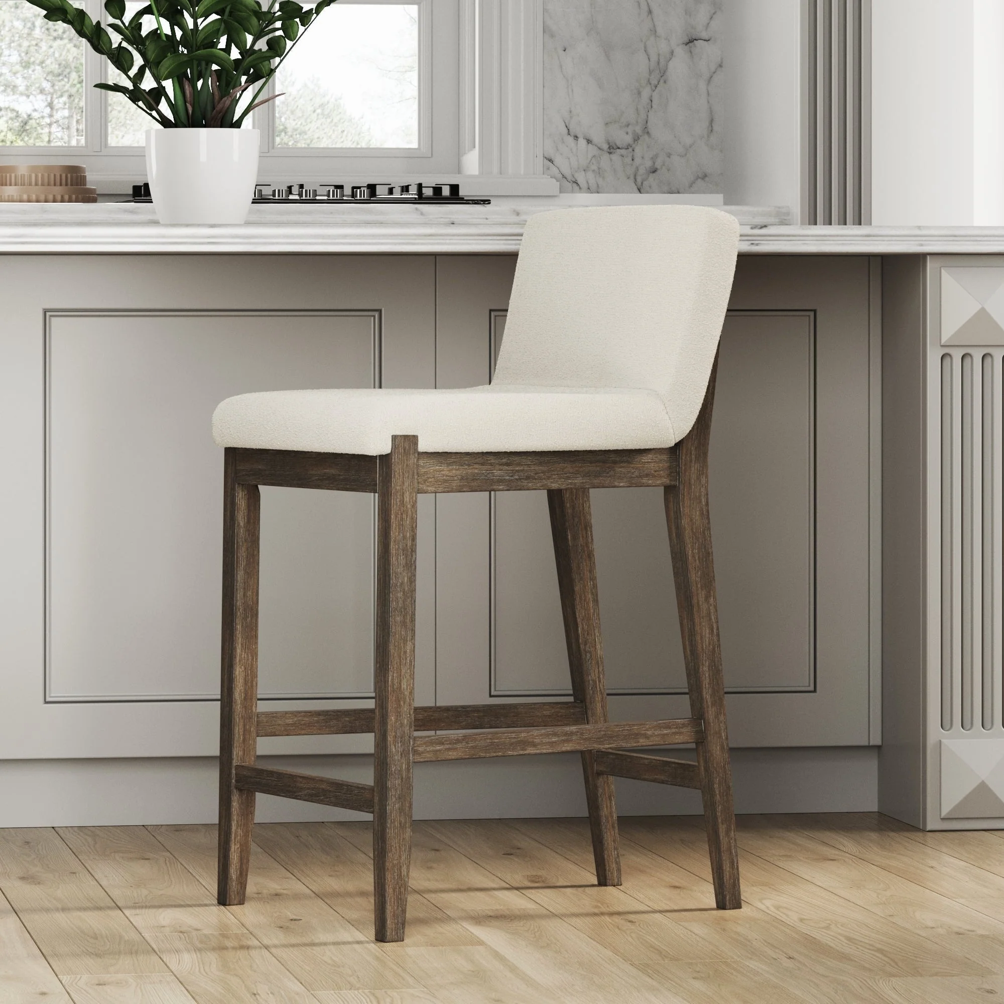 Gracie Modern Bar Stool, Boucle Upholstered Chair and Brushed Wooden Legs