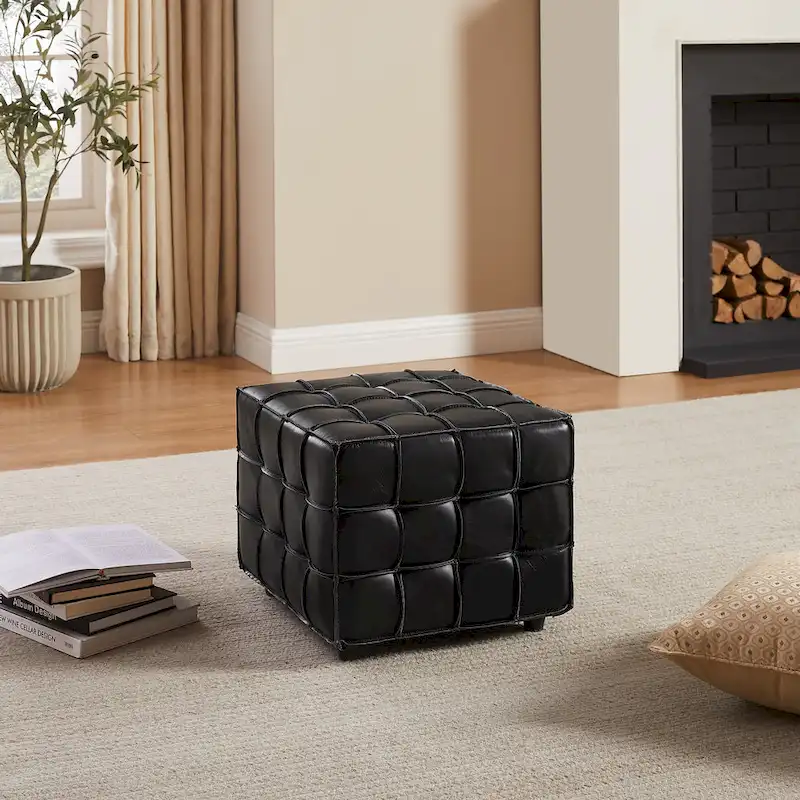 Art Leon Top Grain Leather Square Pouf Ottoman