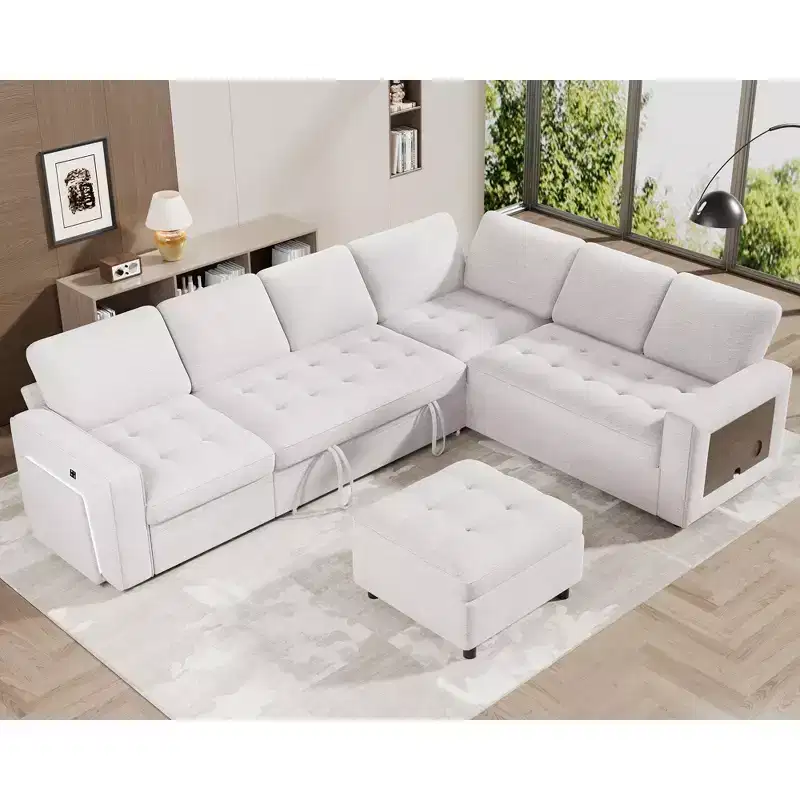 Dyonery 7-Seat L-Shaped Modular Sleeper Sofa Bed with Pull-Out Bed, Reclining Backrests/USB Ports/LED Light/Side Table & Ottoman, Chenille
