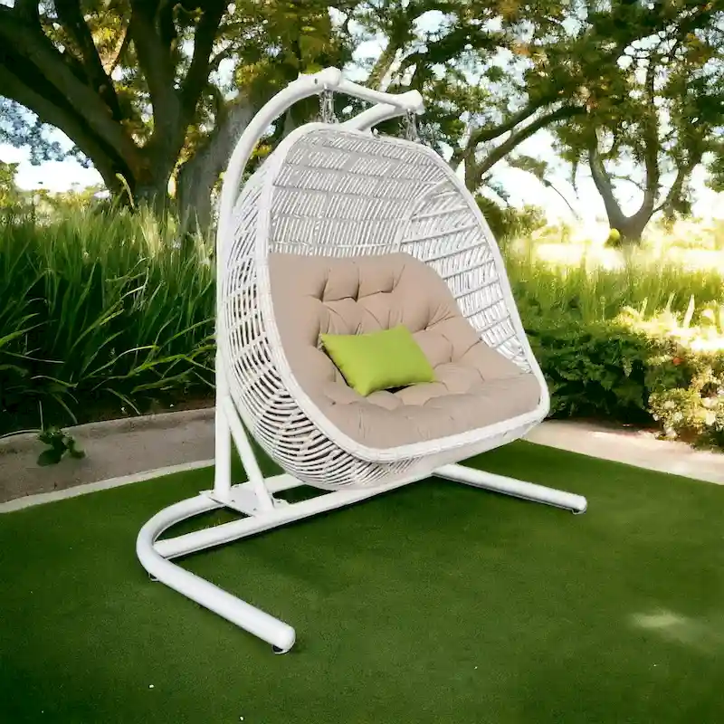 69  Beige and White Metal Indoor Outdoor Swing Chair with Beige Cushion