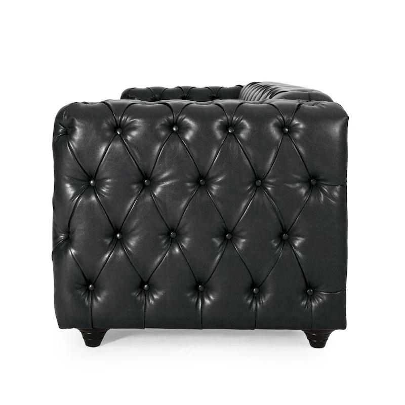 Sofa, Chesterfield Tufted Black Faux Leather Upholstery, Wood, 84 Inch