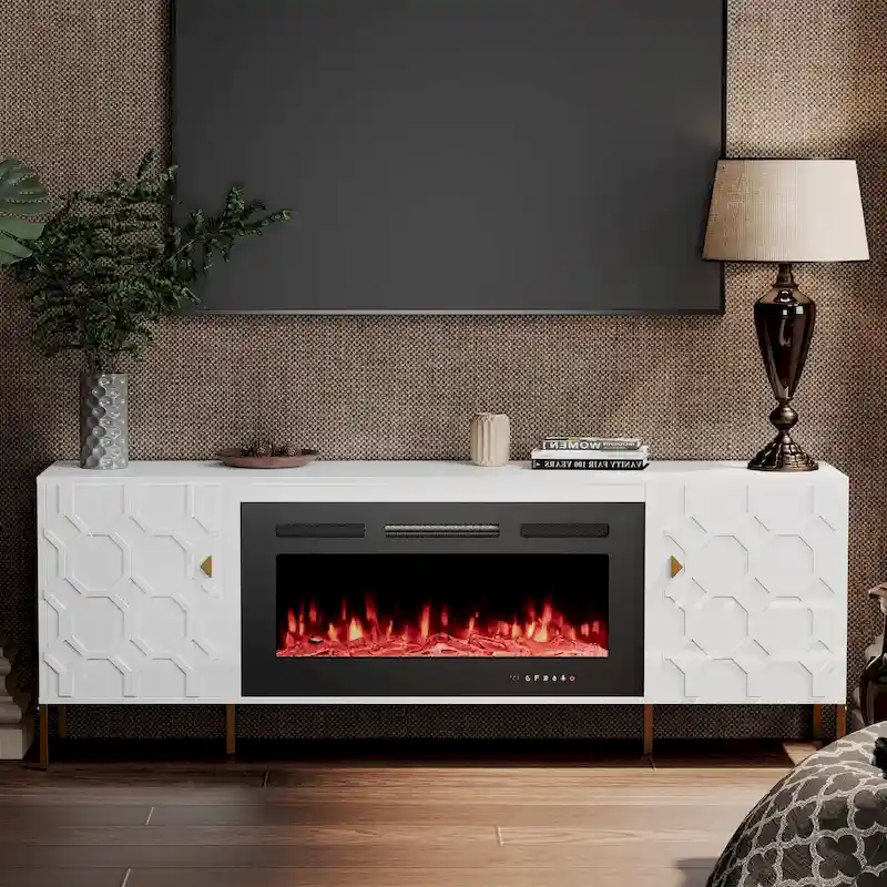 Clihome High Gloss Storage 70 TV Stand with 36 Electric Fireplace