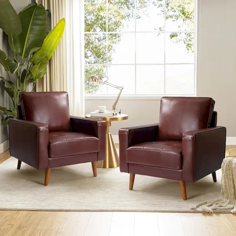 Elizabeth Mid-century Genuine Leather Arm Chair Set of 2 by HULALA HOME