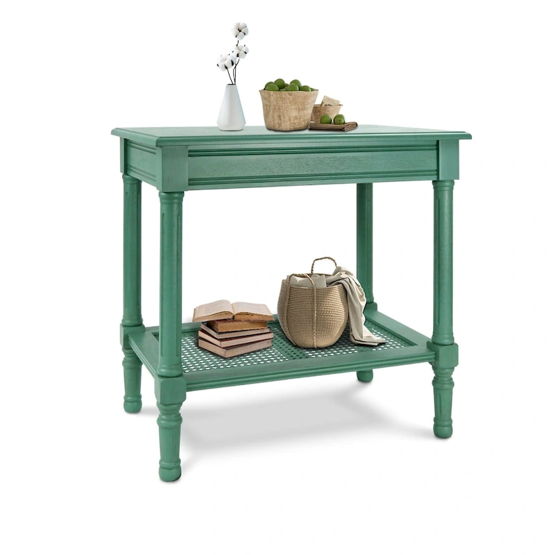 Copper Grove Reine Cream Side Table with Rattan Shelf