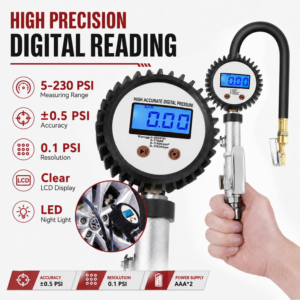 SEAPENG DP-208 Digital Tire Inflator Gauge, 5-230 PSI for cars, trucks, RVs and garages