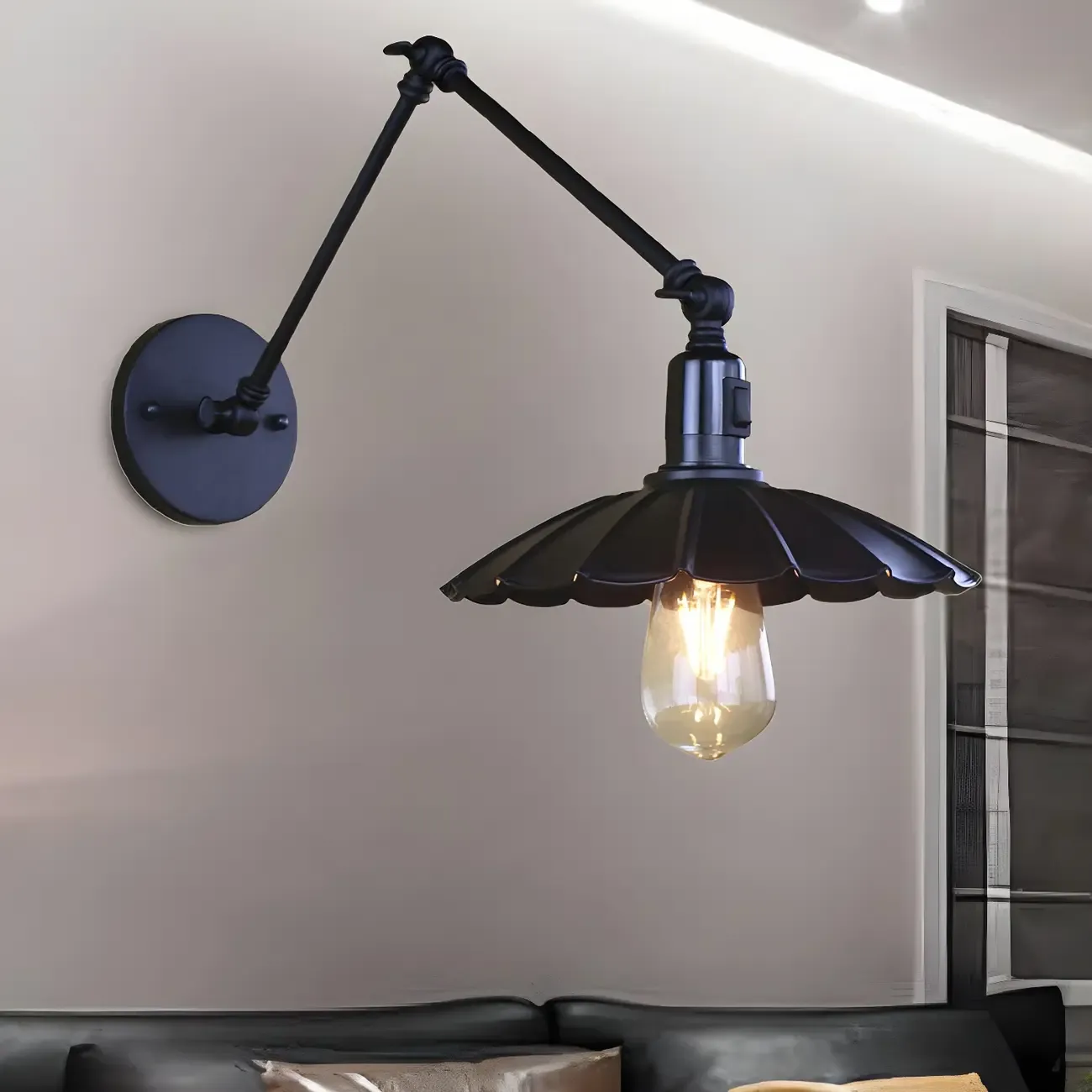 Metal Black Swing Arm Wall Light with Scalloped Shade