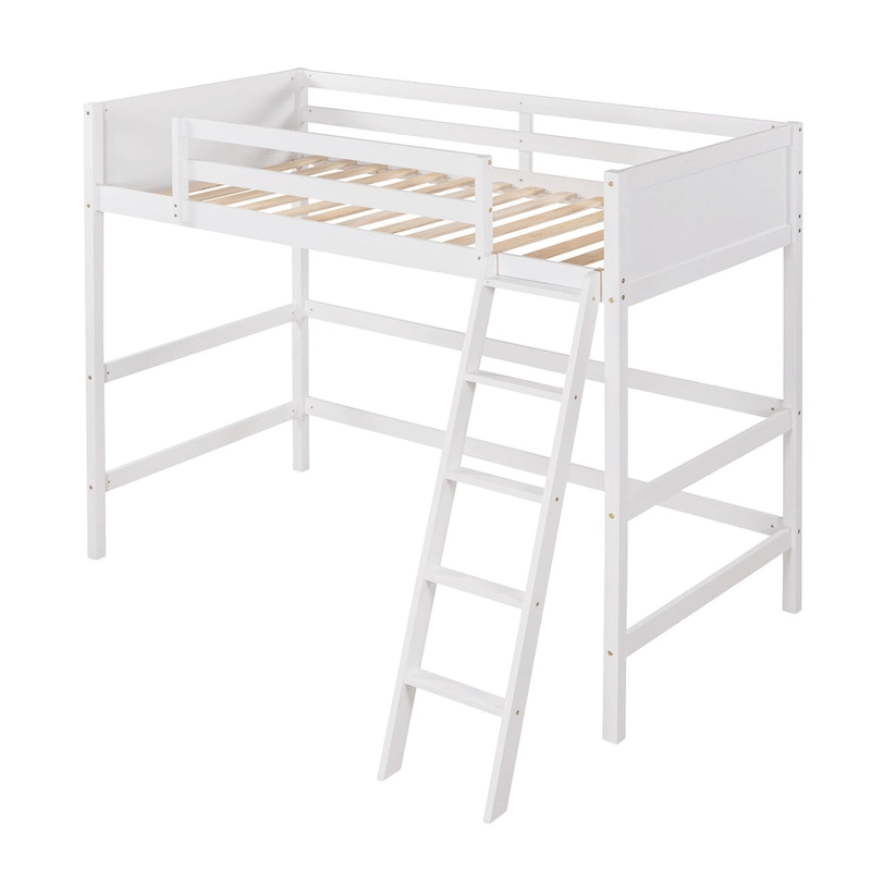 Twin Solid Wood Loft Bed with Ladder & Fence
