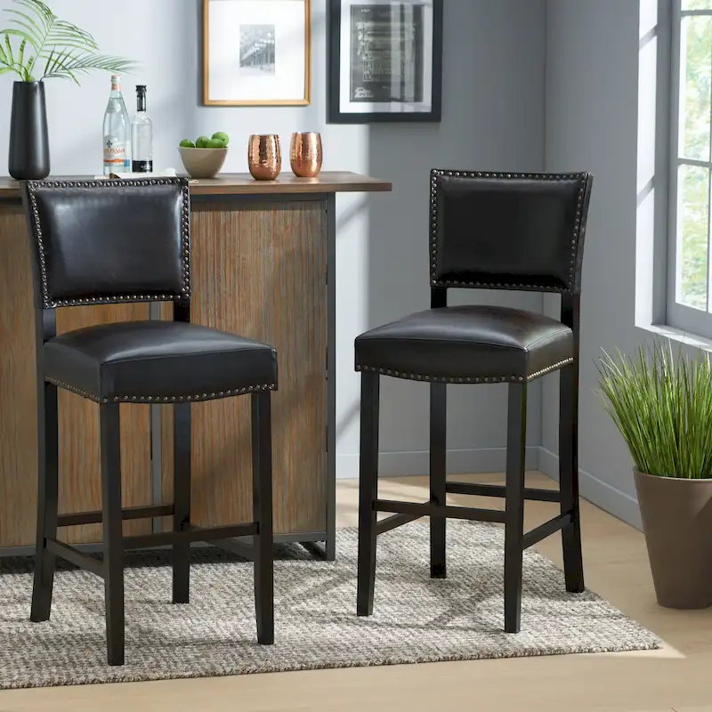 30.5 Modern Bar Stool with Leather Backrest Padded Seat, Nailhead Trim, Solid Wood Legs for Bar Dining Room Living Room Caf