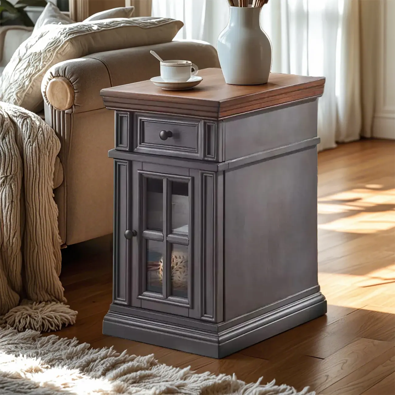 Brown Solid Wood End Table with Storage for Living Room