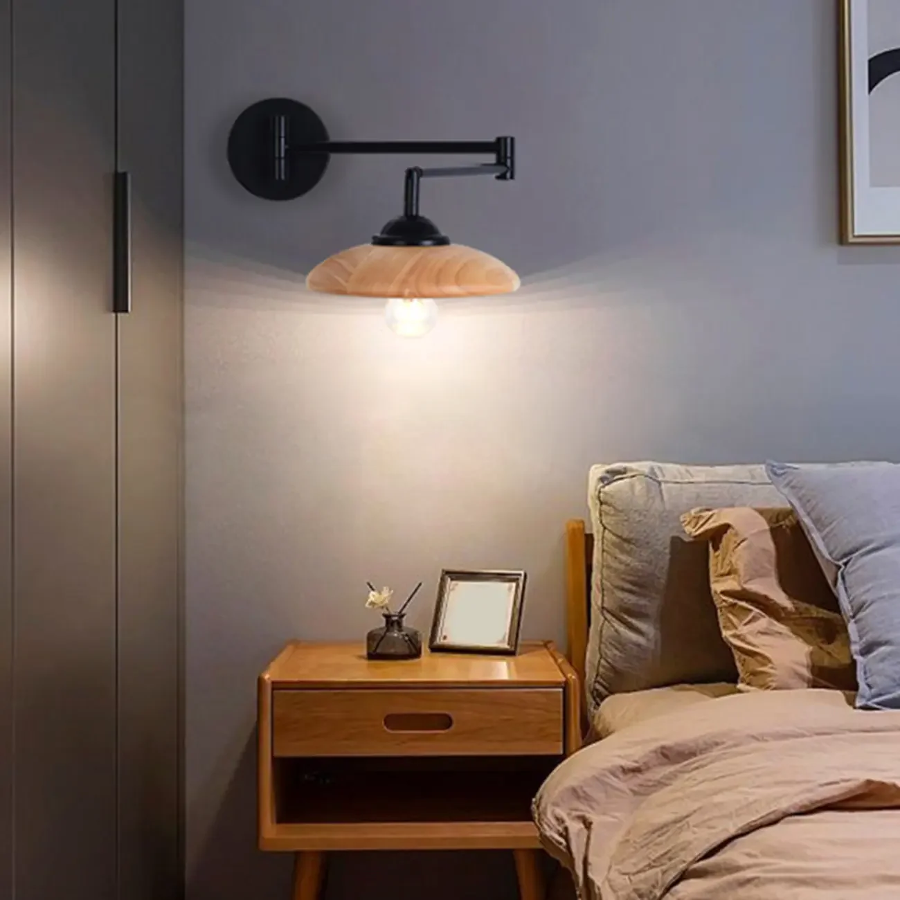 18 Small Bedside Swing Arm Wall Light with Wooden Shade