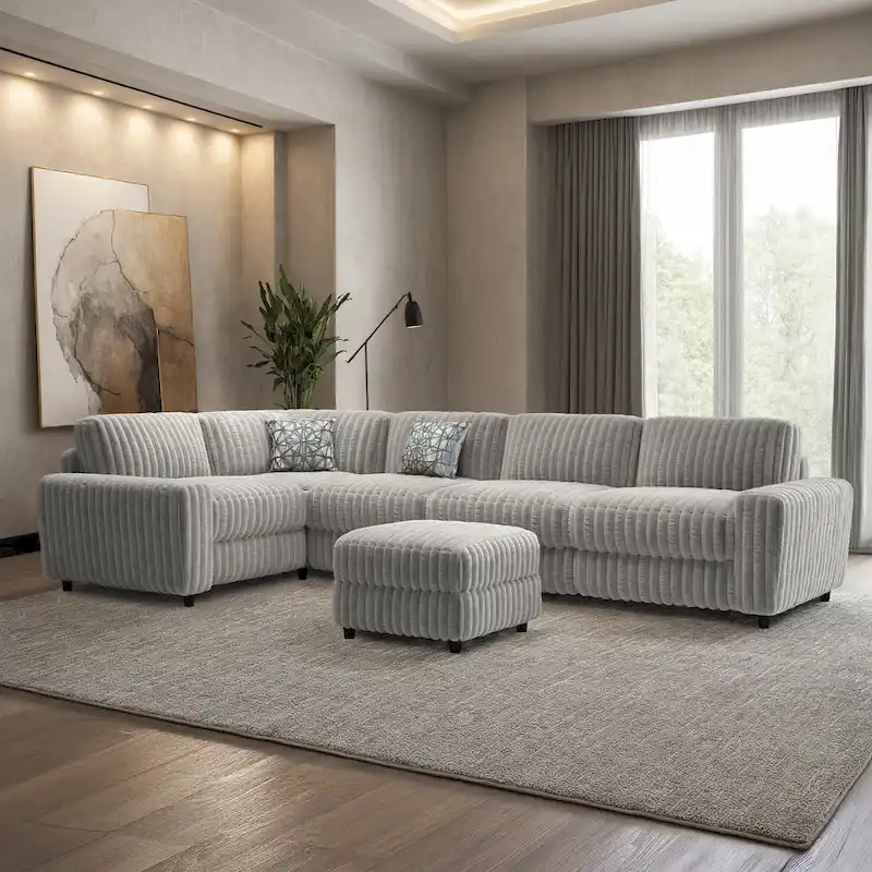 Veyron Furry Channel Fabric Down-filled L-Shape 4-Seat Modular Sectional Sofa with Ottoman by iNSPIRE Q Modern