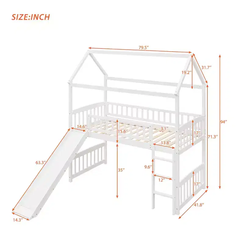 Twin House Loft Bed with Slide, Wood Playhouse Loft Bed Frame with Ladder and Roof