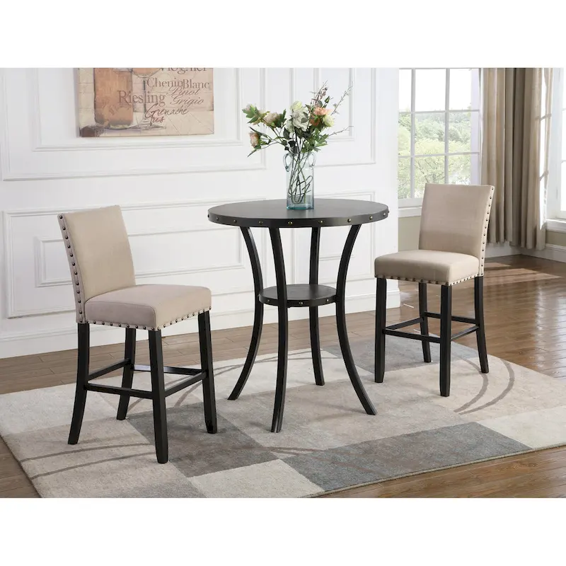 3-Piece Bar Height Dining Table and Chair Set Patio Dining Table and Chair Sets with Studded Trim and Storage for Living Room