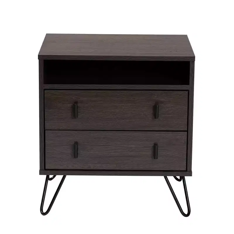 Glover Wood and Metal 2 Drawer Nightstand Brown/Black - Baxton Studio: Modern Bedside Furniture with Open Shelf