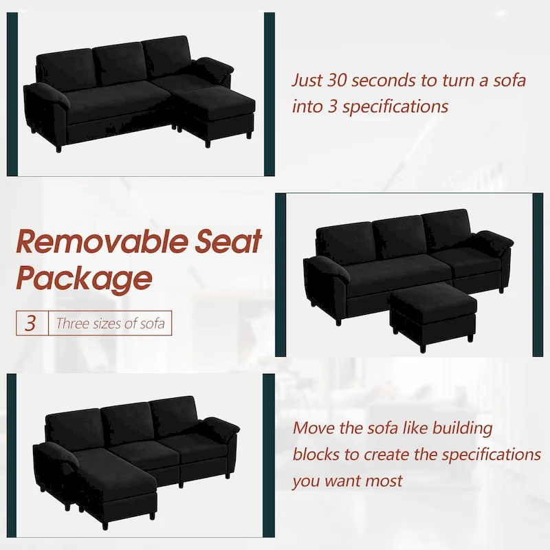Futzca Sectional Sofa Couch, 3 Seat L Shaped Sofa with Removable Pillows