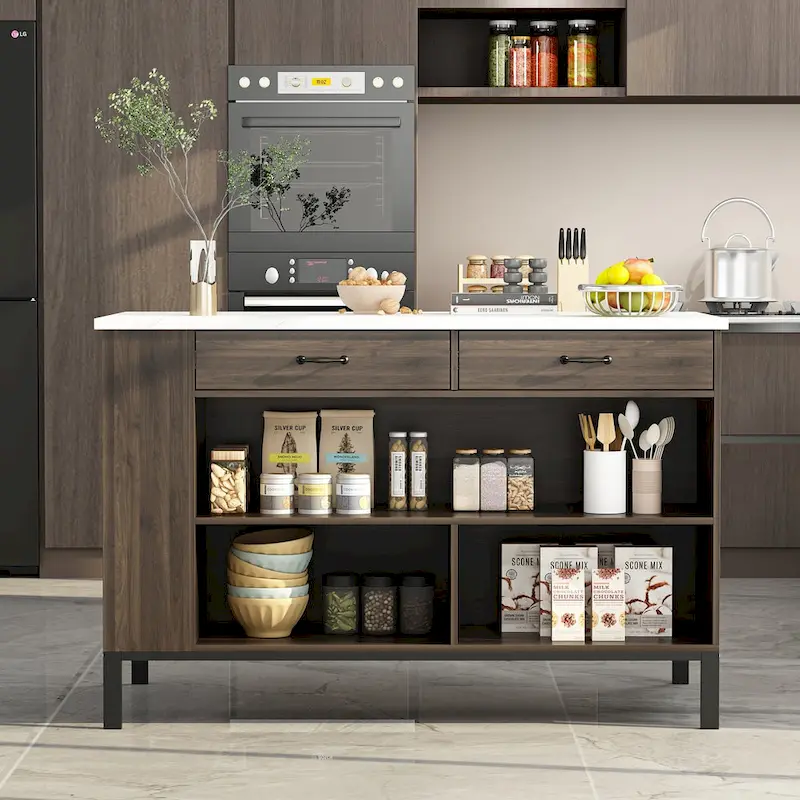 55.1W Buffet Kitchen Island Cabinet with Open Shelves Two Drawers