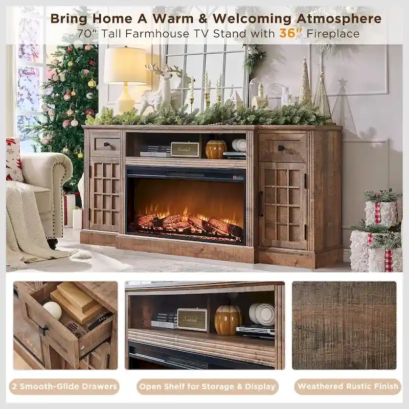 Black/Brown/White Farmhouse Electric Fireplace TV Stand, Fits 80