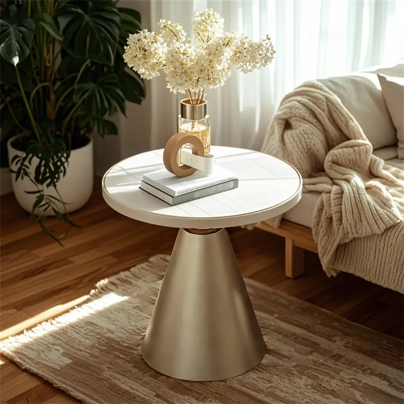 Modern Glam Round Marble Side Table for Living Room