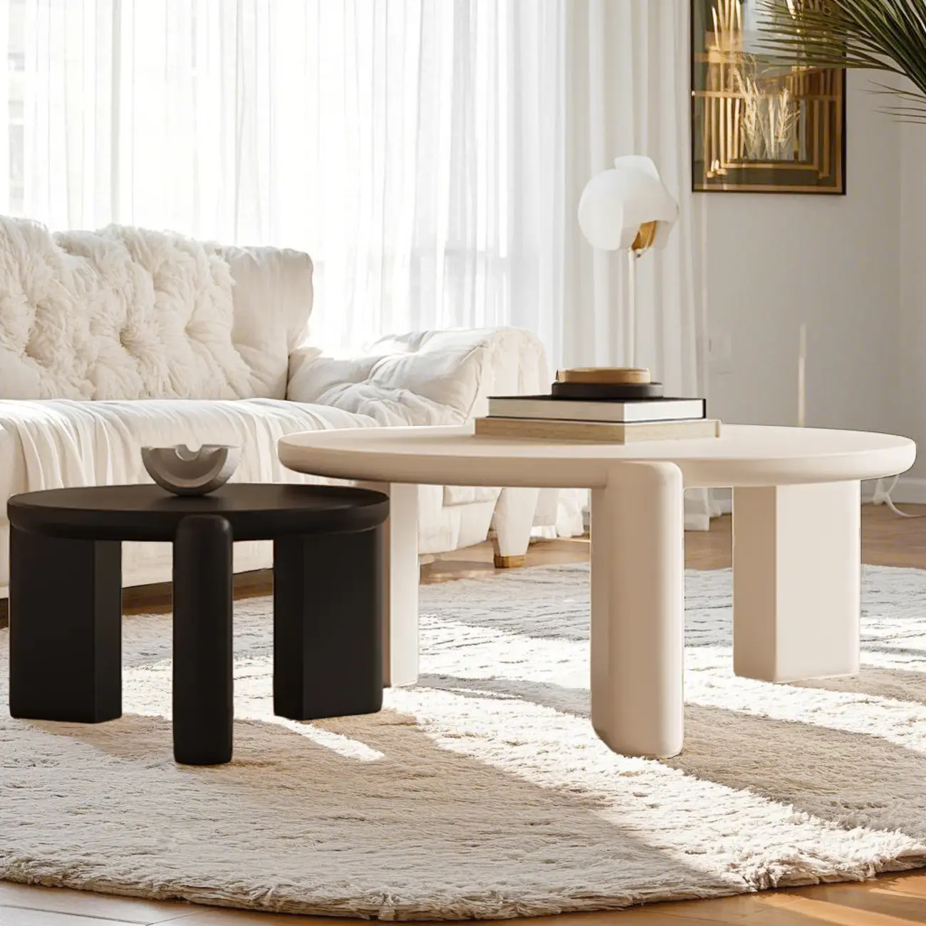Black White Triple Leg Round Wood Coffee Table