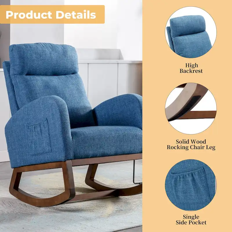 Blue 27 Upholstered Rocking Chair with Wood Legs and Convenient Side Pocket