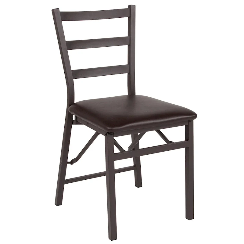 2 PK Brown Folding Ladder Back Metal Chair - Brown Vinyl Seat - Dining Furniture