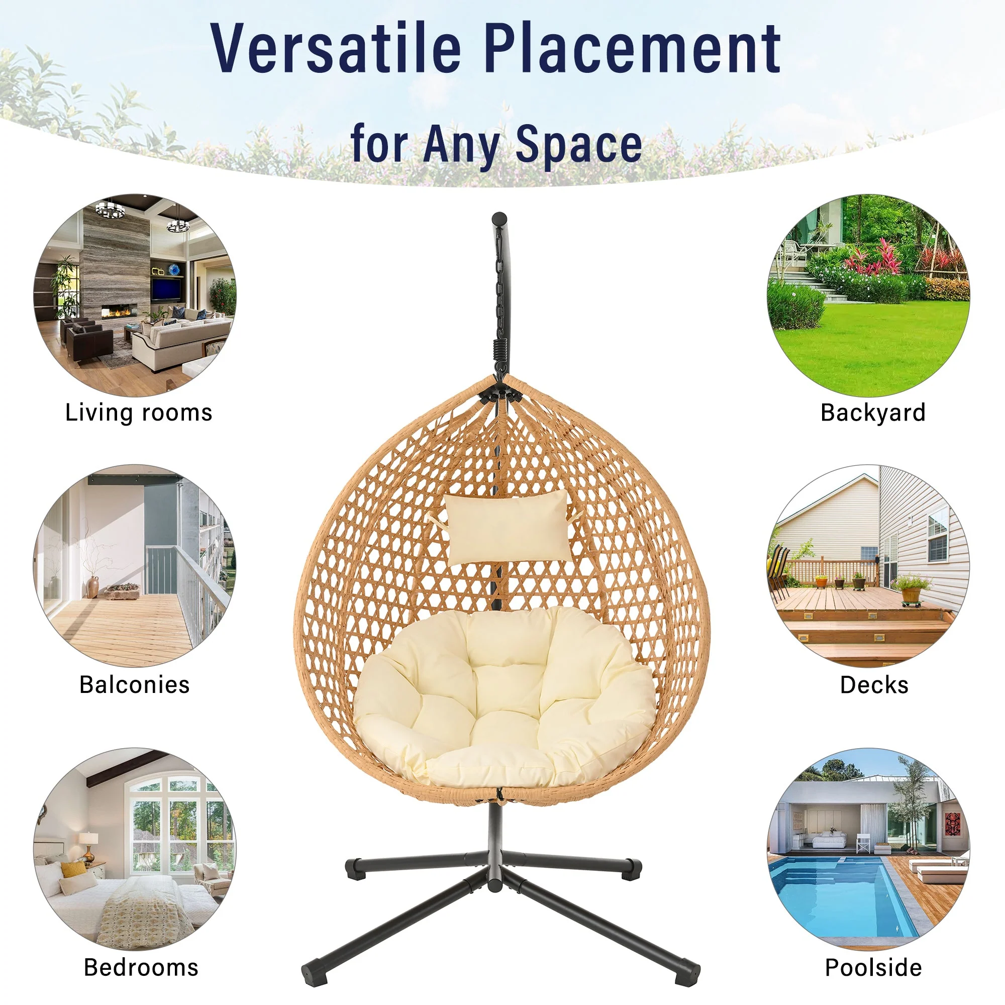 Rattan Weaving Hanging Egg Chair with Stand and Soft Removable Cushion