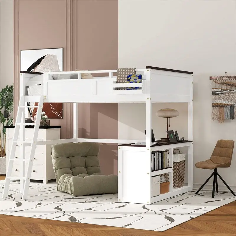 Queen Size Loft Bed with Bulit-in Desk and a Storage Box, Wooden Loft Bedframe with Open Shelf and USB Charging Station