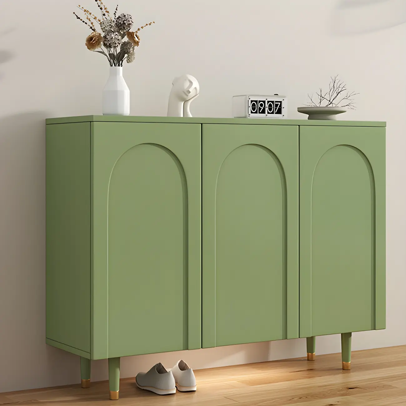 Green Wood Shoe Cabinet with Adjustable Shelves