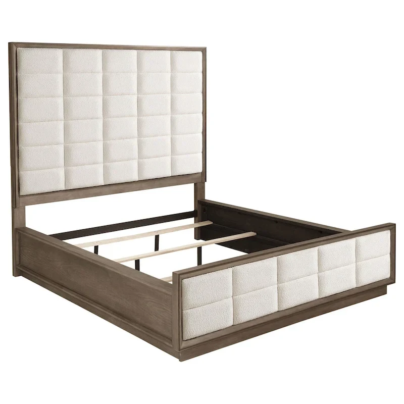 Lyni California King Bed, Grid Tufted Ivory Upholstery, Oak Brown