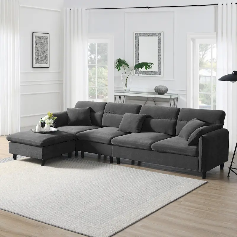 110  Modern L-Shaped Convertible 5-Seat Sectional Sofa with Removable Ottoman and 5 Cushions, Plush Chenille Fabric