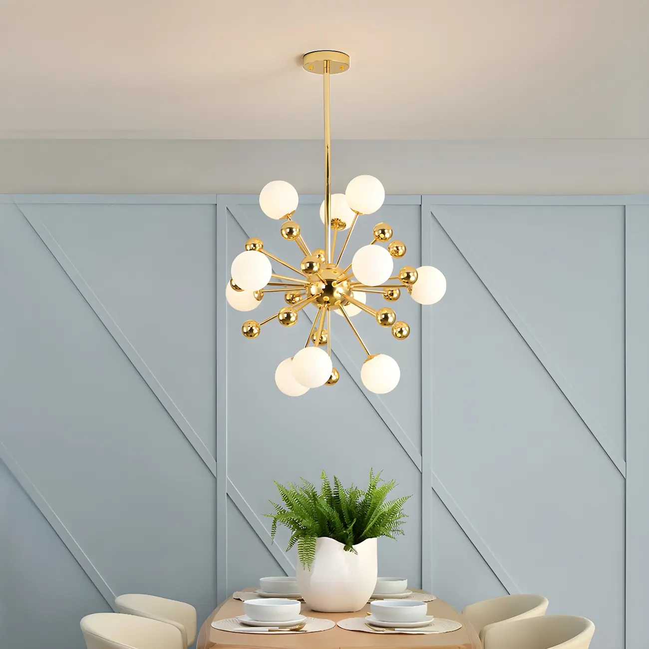 Modern Gold Sphere Sputnik Chandelier with White Glass Shade