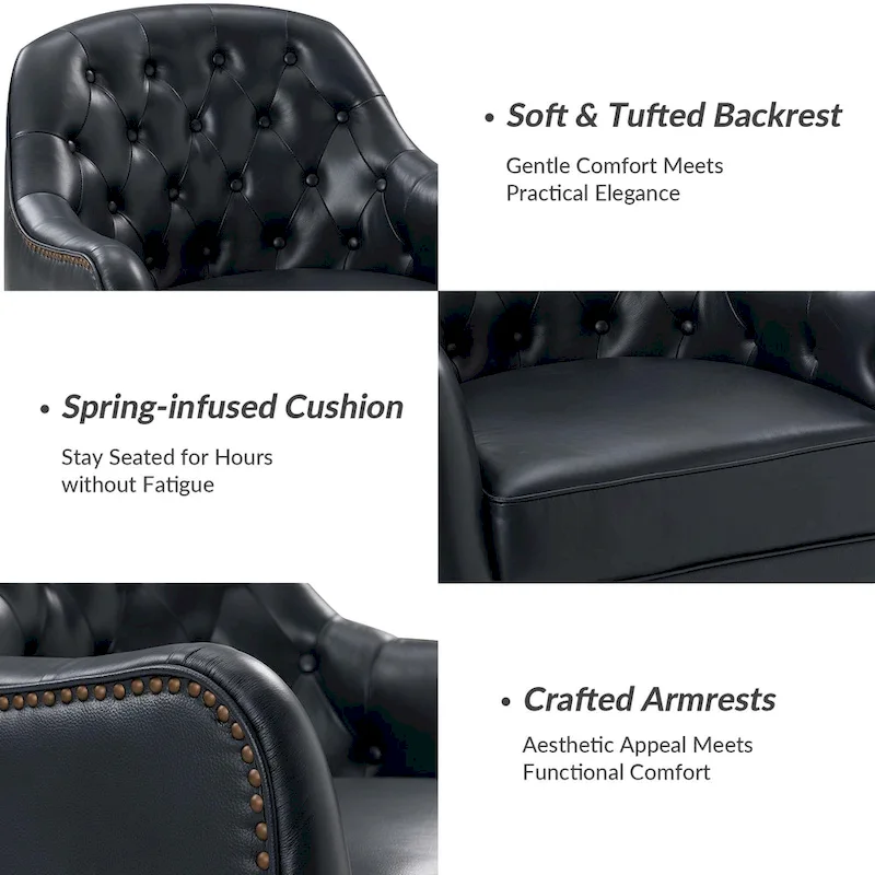 Melisa Classic Genuine Leather Wood Legs Barrel Chair With Tufted Back By HULALA HOME