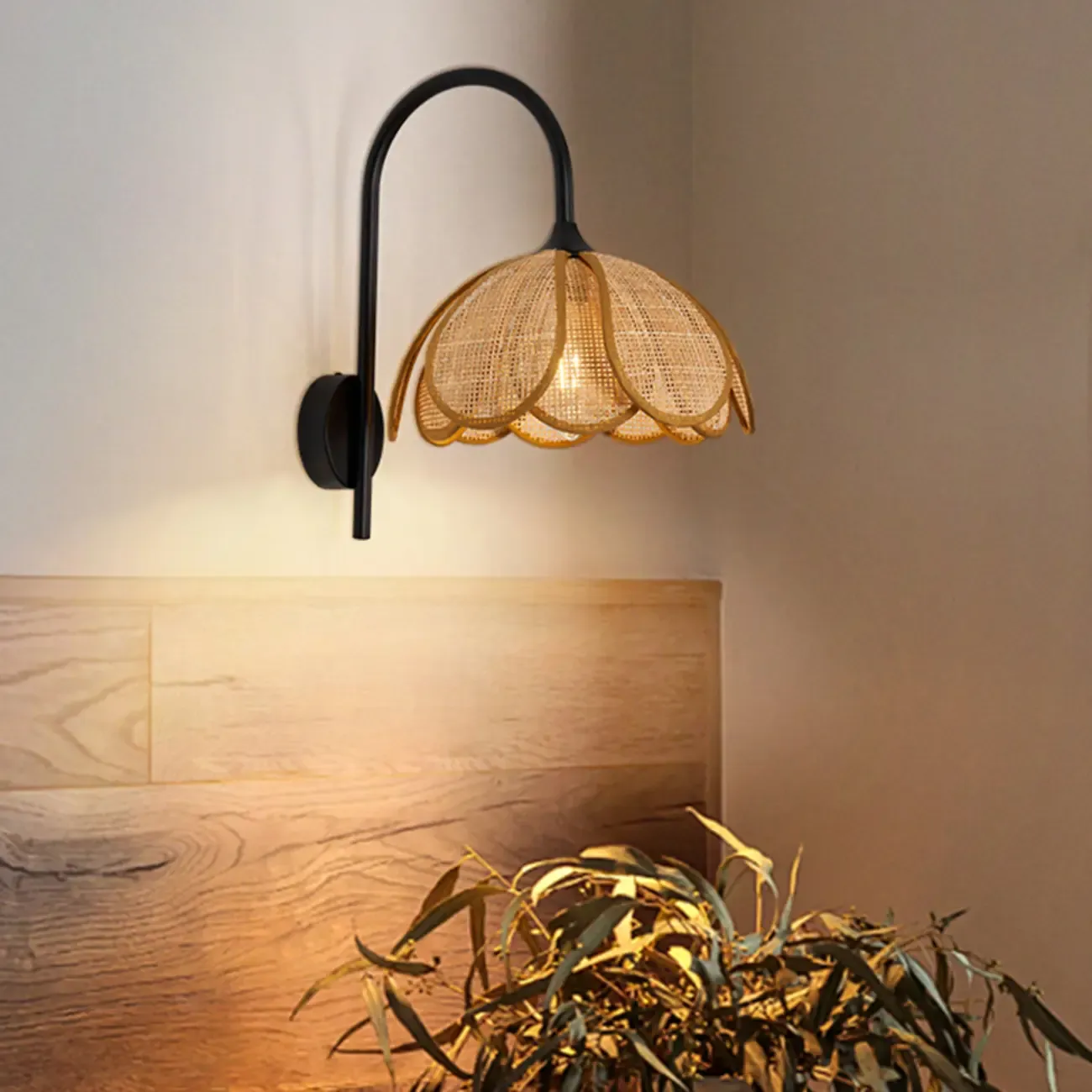 Rustic Rattan Flower Black Wall Sconce for Bedroom Decor