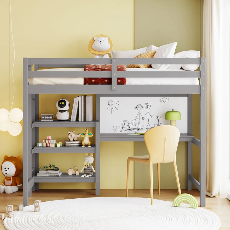 Wooden Loft Bed with Shelves, Desk and Writing Board