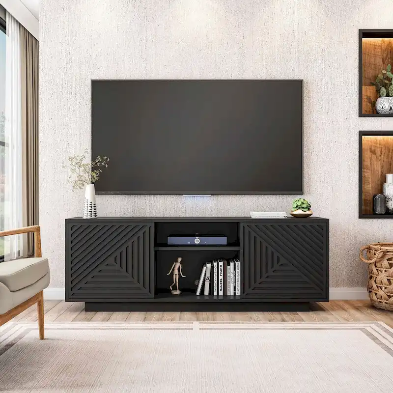 63-Inch TV Stand with Patterned Doors - Black/Oak