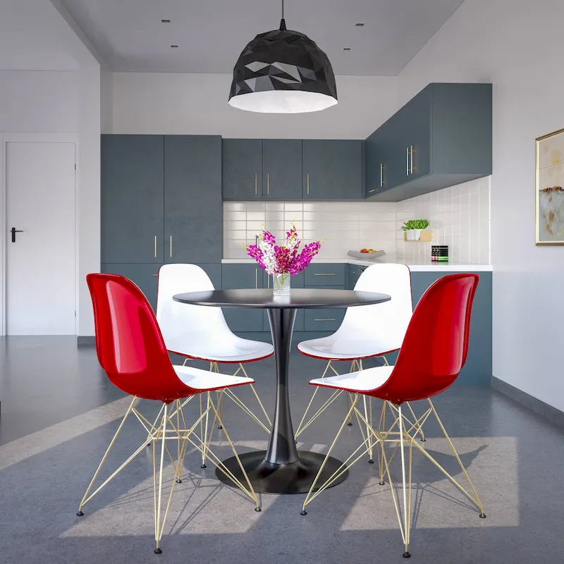 5-Piece Dining Set with 35 Round MDF Table and 4 ABS Plastic Side Chair with Gold Metal Legs