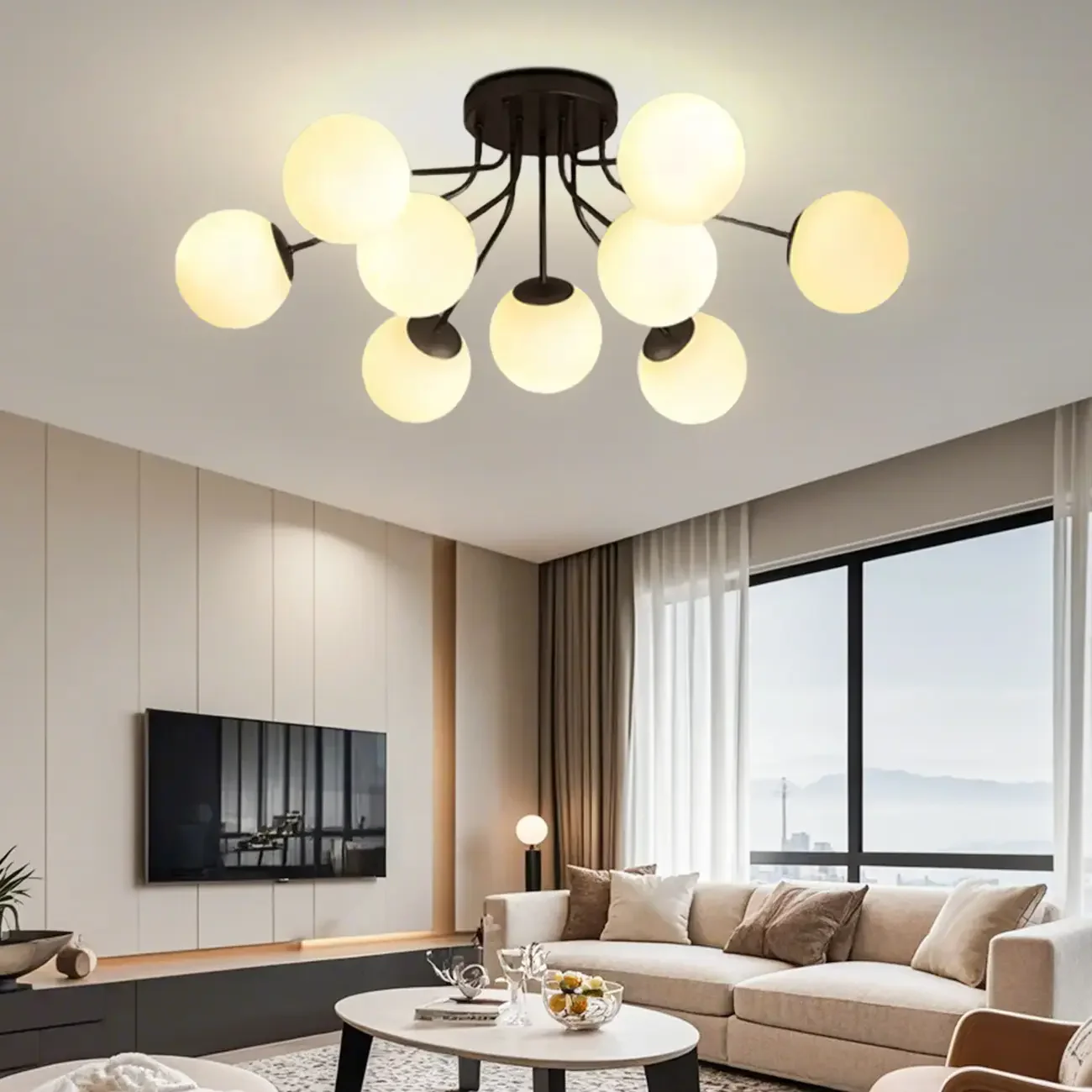 Modern White Globe Glass Golden Semi Flush Ceiling Light