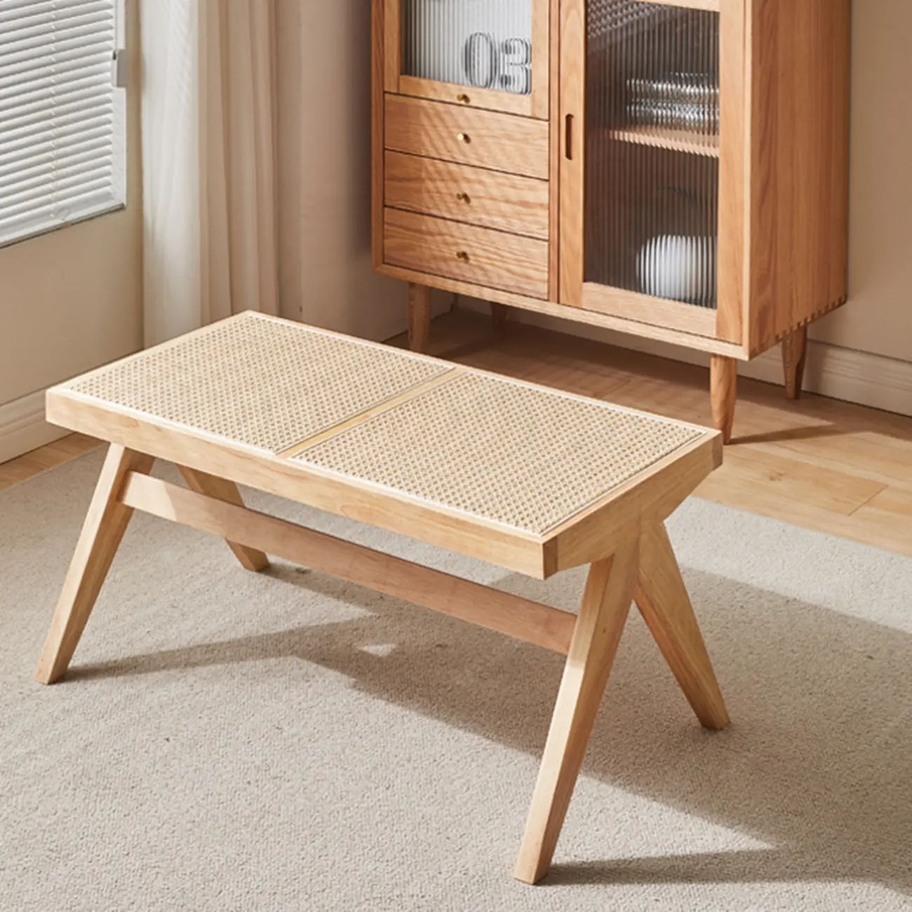 Elegant Rattan Top Finish Wooden Rectangular Cherry Benches